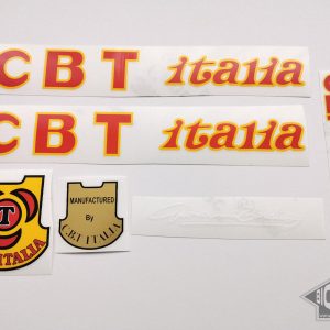 CBT ITALIA, Cicli, Made in Italy, bicycle decal SET, for complete bicycle. Set for frames from 80s, red letters with yellow outline version