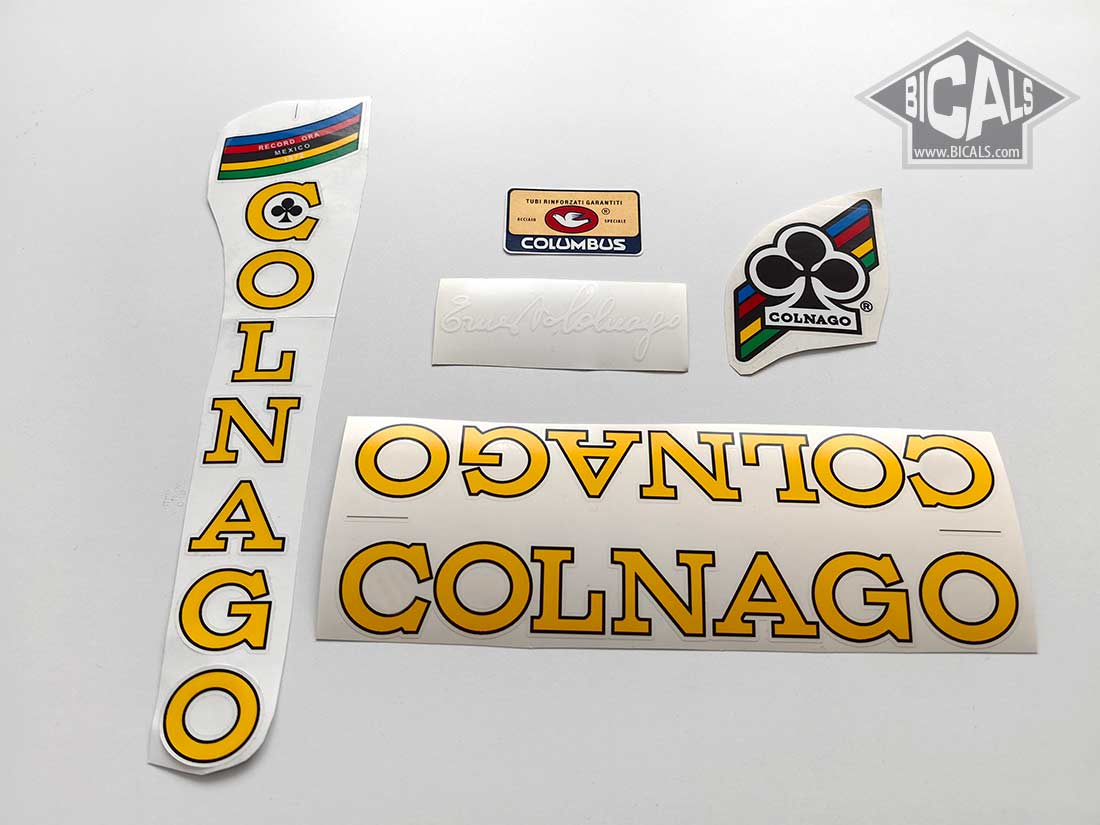 Colnago-Nuovo-Mexico,-Mexico-yellow-letters-black-outlineNOCLOVER-bicycle-decal-set-BICALS
